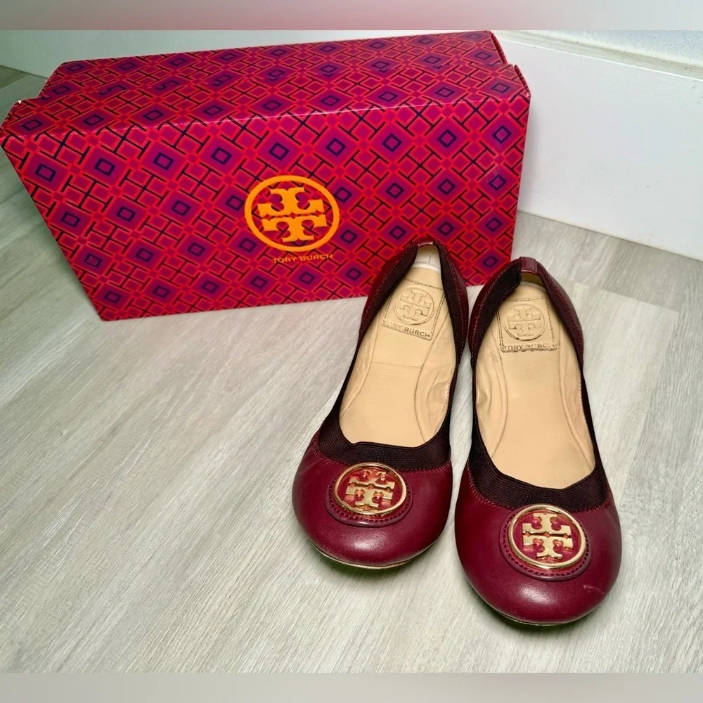 Tory Burch Burgundy Leather Ballet Flats Gold Logo Women Size 7.5 M